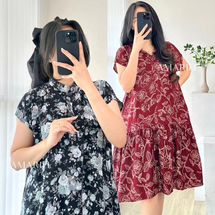 Amariel Ayana Dress Kancing Daster Pendek Nyaman Bumil Busui Friendly Rayon Motif