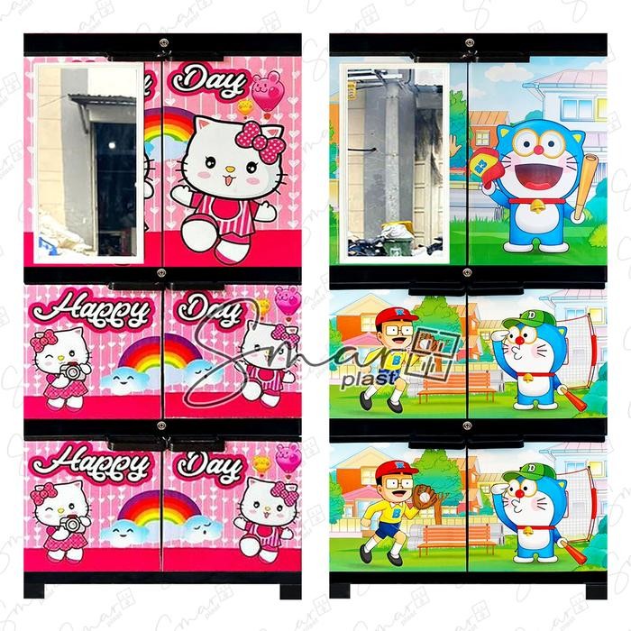 LEMARI PLASTIK 4 SUSUN TINGKAT JUMBO GANTUNG DORAEMON HELLO KITTY KACA CERMIN FULL KUNCI KABINET