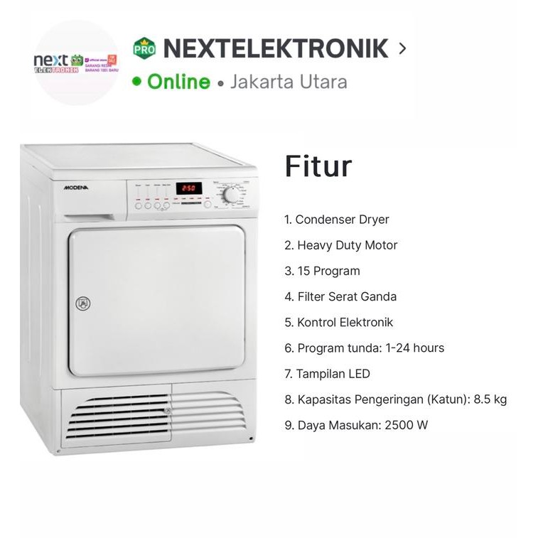 MODENA ED 850 MESIN PENGERING PAKAIAN 8.5KG ED850 NEW