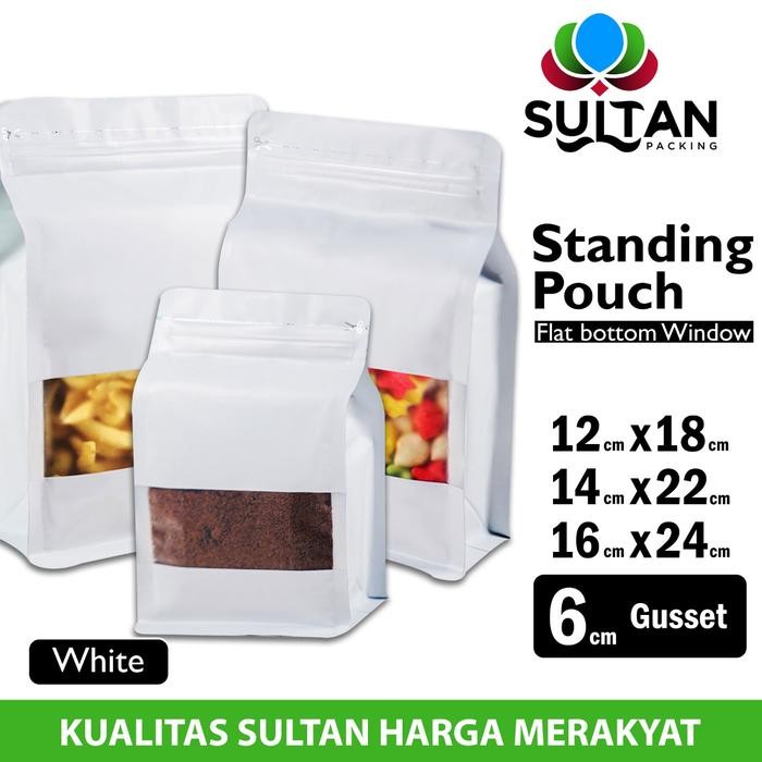 FLAT BOTTOM WINDOW Putih ALU FOIL standing Pouch Delkochoice Premium