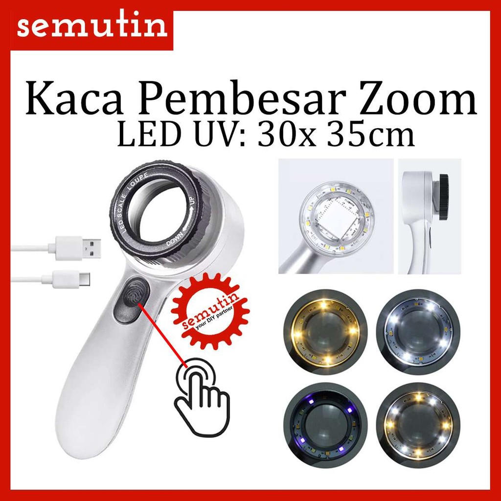 

Pembesar Kaca Scale LED UV 30x 35mm E011x SM / Focusing Magnifier Magnifying Glass LUP Loupe Handheld High Power / Gelas Ultraviolet Lampu Membaca / Lurus Loop Sensor Sentuh Touch