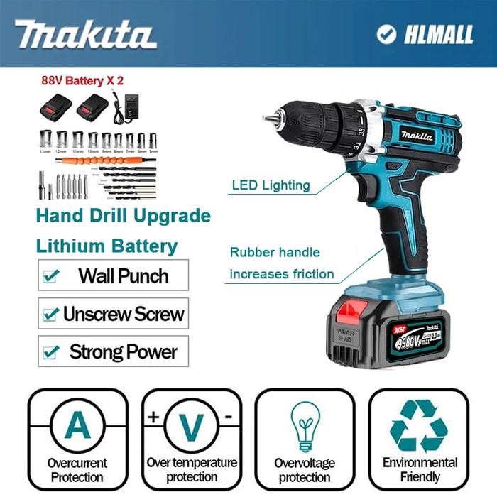 MAKITA 9980vf Mesin bor 2baterai cas 10mm bor listrik murah bor tangan baterai besi tembok Beton