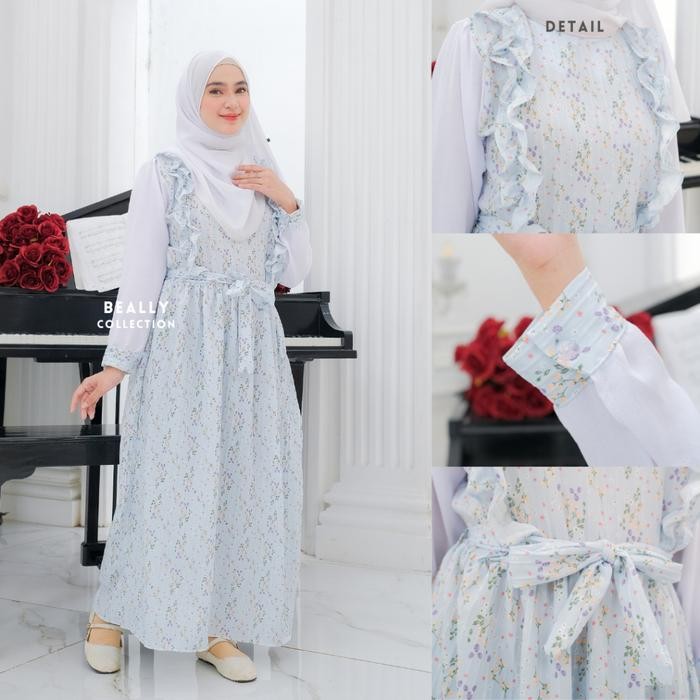 (Allthebest) Dress Lionel Ruffle Korean Style Gamis Wanita Motif Bunga Korean Overall Dress Rempel
