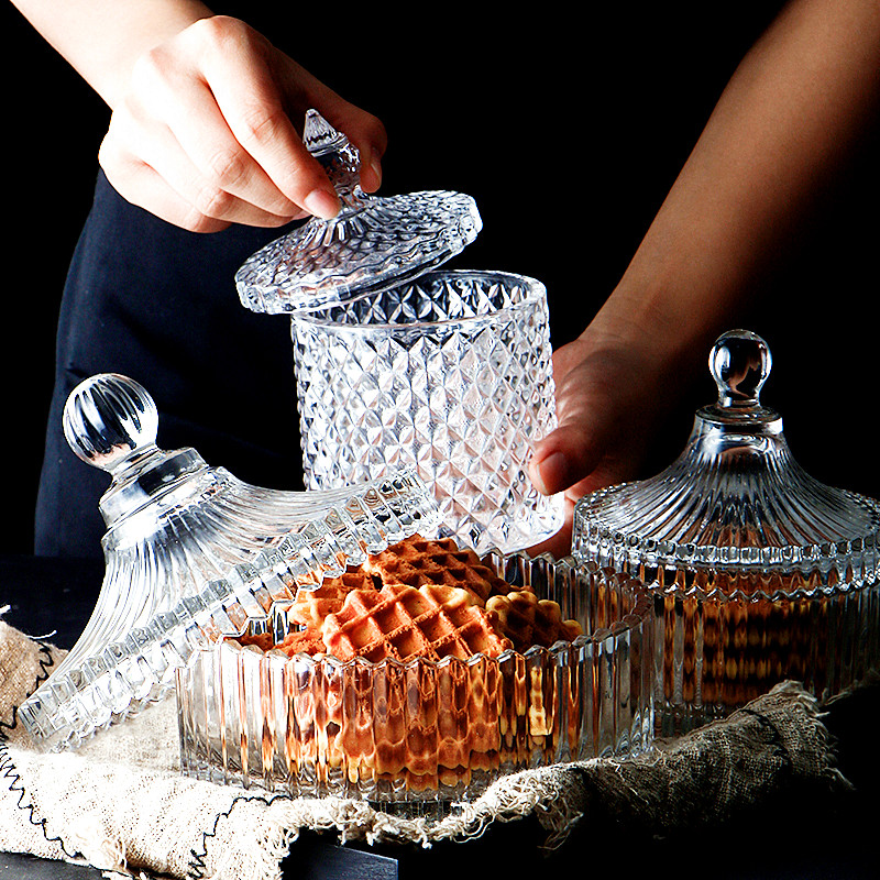 European Crystal Glass Storage Jar Candy Bowl with Cover Sugar Cans Diamond Candy Box Jewelry