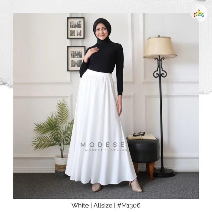 (Allthebest) Modesee Rok Payung Panjang Putih Polos Wanita Muslim Circle SkirtWhite