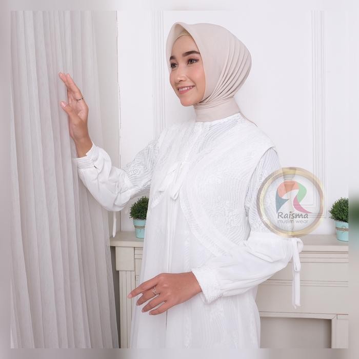 (Allthebest) Raisma - Laila Gamis Syar'i Wanita Putih Tulang Lebaran Cantik Dan Elegan Whit Outwear