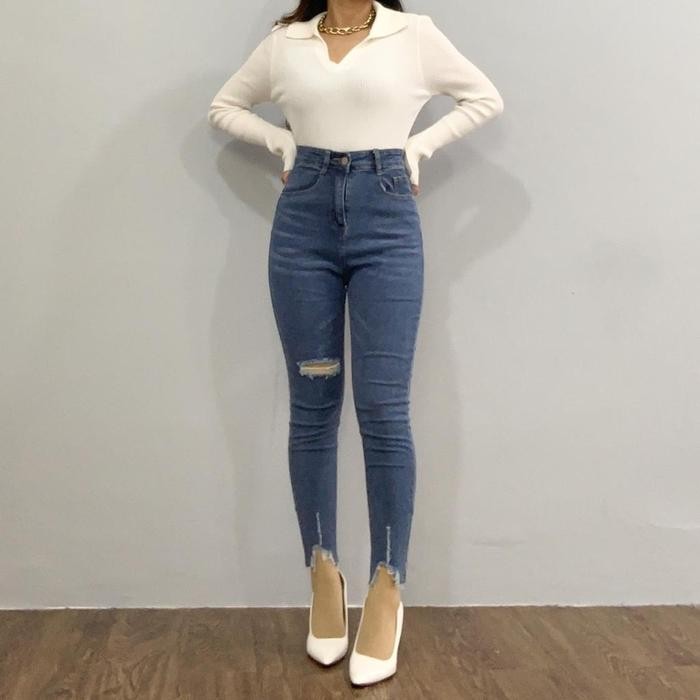 [Luxe.Dlabel] - E17 Jeans Celana Panjang Highwaist Wanita Jeans Wanita Polos Ripped Jeans High Waist