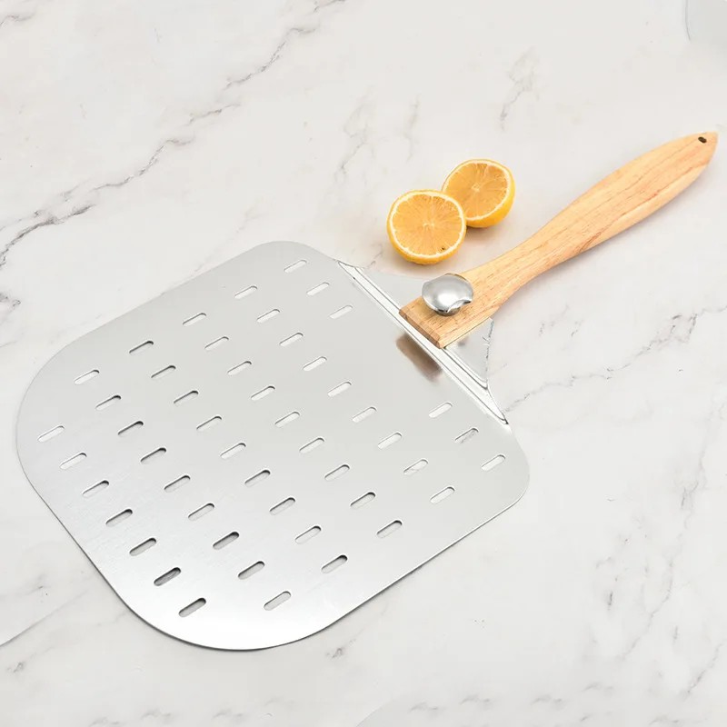 Baking Tool Perforated Pizza with Detachable Rubber Wood Handle Lightweight Aluminum Detachable