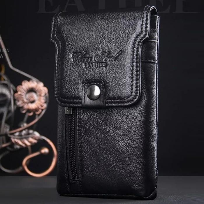 dompet hp kulit sarung hp kulit asli pria cantel pinggang hitam 3227