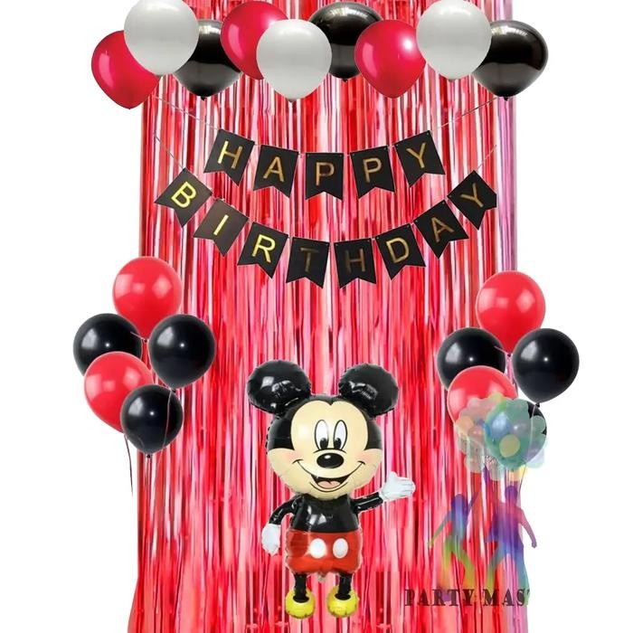 PM tirai simple Mickey Minnie Set Ulang Tahun dekorasi balon foil Merah