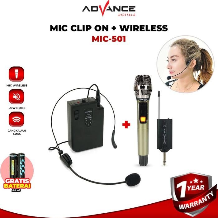 Advance MIC501 Mic Clip On Bando Wireless Microphone Headset Bluetooth BONUS Baterai AA 6 Pcs