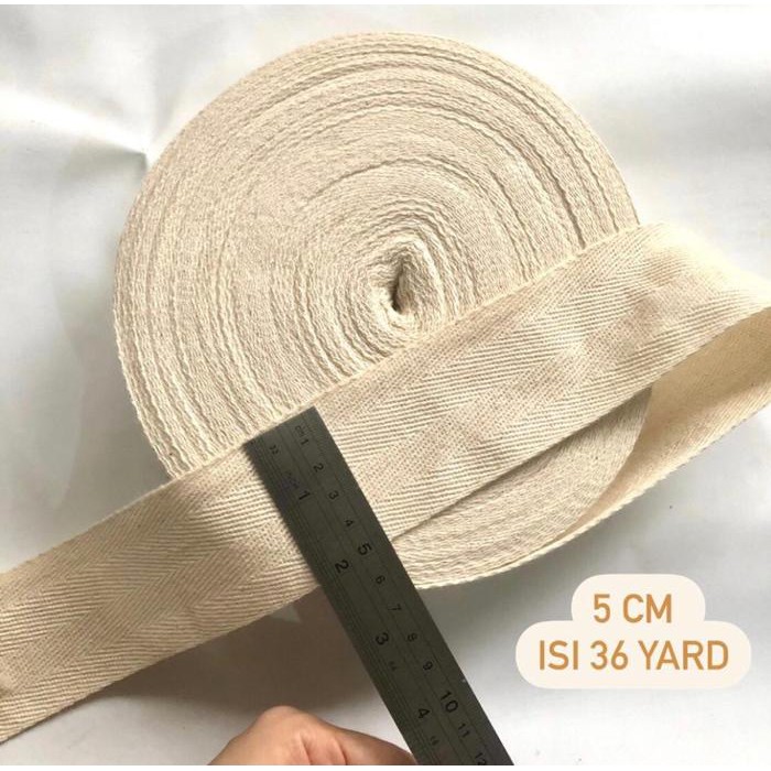 

Pita Katun Twill Tape / Label Katun 5 Cm Isi 36 Yard / Pita Jahit / Cotton Tape Raw White Aksesoris
