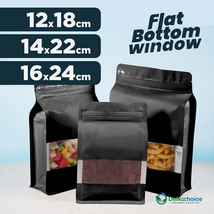 

Standing Pouch Flat Bottom Window Black Kemasan Snack / Bubuk Kopi