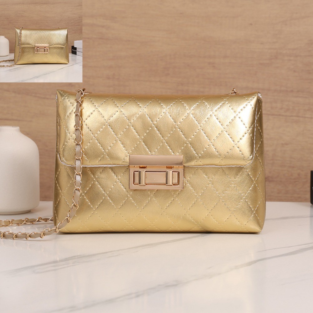 Women'S Fashion Gold Quilted Crossbody Bag - Luxury Imitation Leather Strap Chain Strap, Magnetic