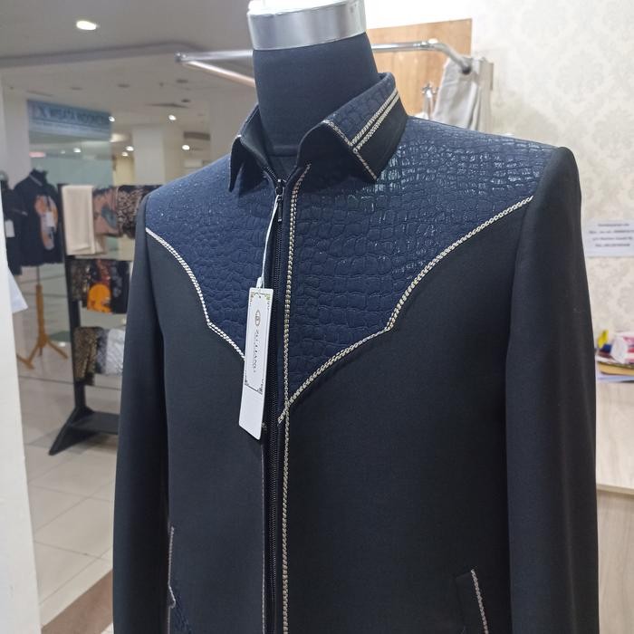 jasket komb 2 bahan biru dongker