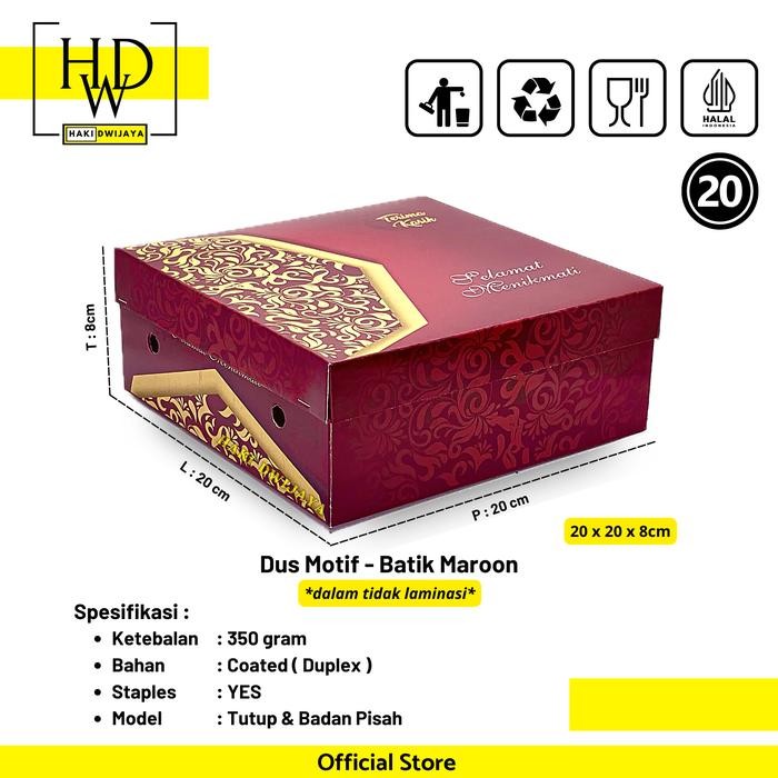 Baha - [50Pcs] Dus / Kotak Nasi 20X20X8Cm Full Colour - Motif Batik Maroon