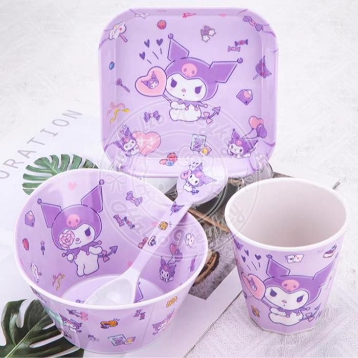 piring mangkok sendok gelas melamin kuromi purple