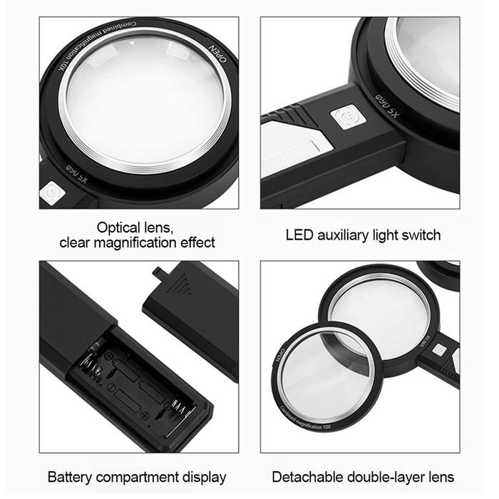 

Kaca Pembesar 6 LED 2 UV 5X-20X 50mm-90mm AG21 / Lup Lensa Lampu Magnifier Handheld Membaca