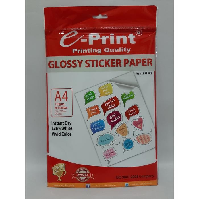 

Kertas Stiker / Sticker E-Print Glossy /A4 135gsm 210x297mm