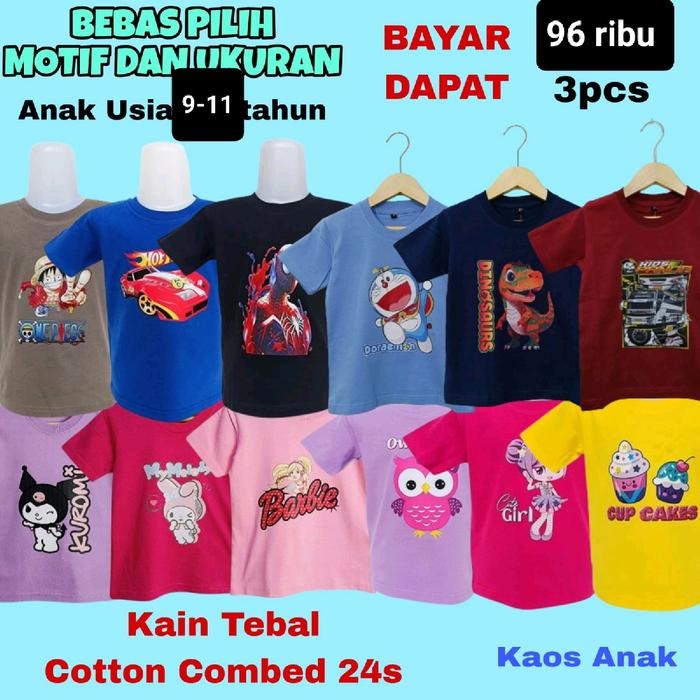 Kaos anak cewek cowok 9-12 tahun paket 3 pcs katun combed 24s Hitam Putih Polos