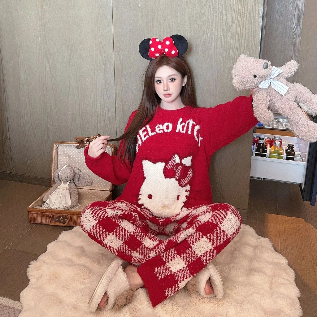 Red Hello Kitty Fleece Pajamas Long Sleeve Top Plaid Pants Soft Autumn Homewear Winter Sleepwear Clo