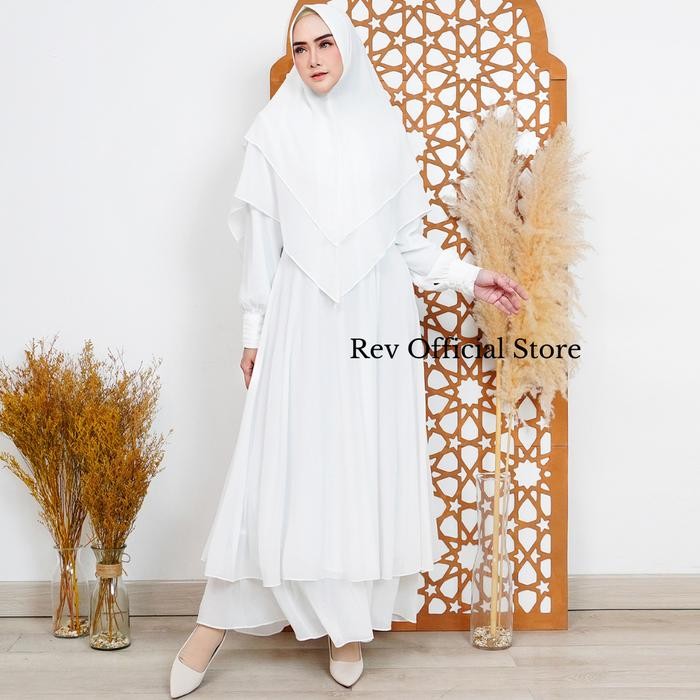 Gamis Rev Set Khimar Wanita Syar'I Busana Haji Dan Umroh Putih Ceruty