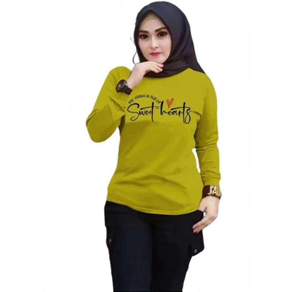 87Q5 Baju Kaos Lengan Panjang Wanita Jumbo Bebyterry Bagus Tebal Motif Bordir Dewasa Oblong