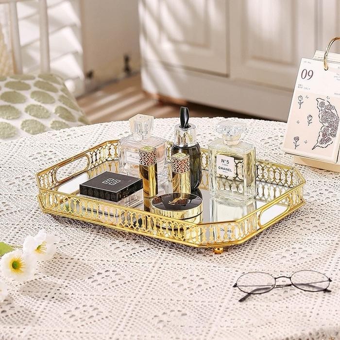 Tray Kaca Gold / Tray Nordic Skincare / Tray Cermin Gold Nampan Mewah Baki Kaca Mewah Nampan