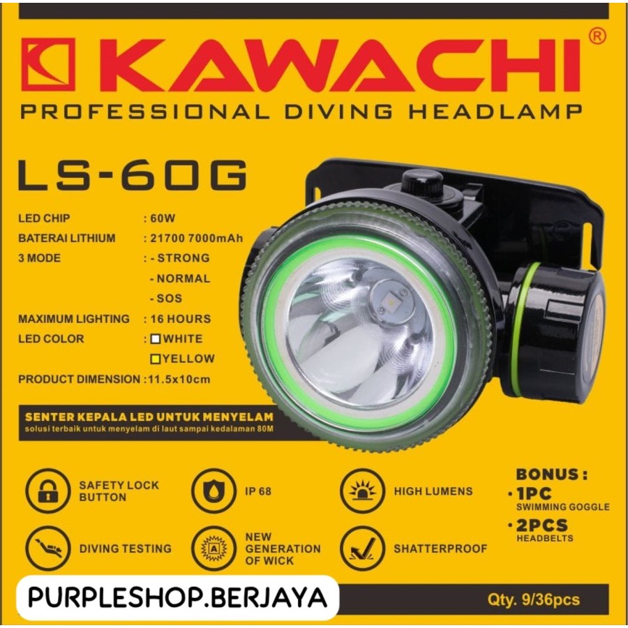 Senter Kepala Premium Menyelam Kawachi 60 Watt LS-60G GRATIS Kacamata Renang