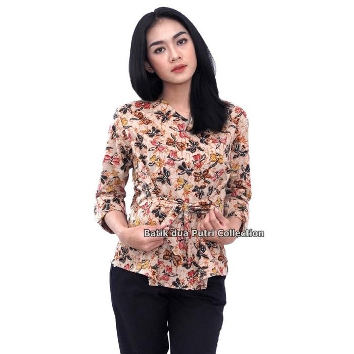 Atasan Blouse Batik Wanita Lengan 7/8 Tali Pinggang By Batik Dua Putri Collection Baju Panjang