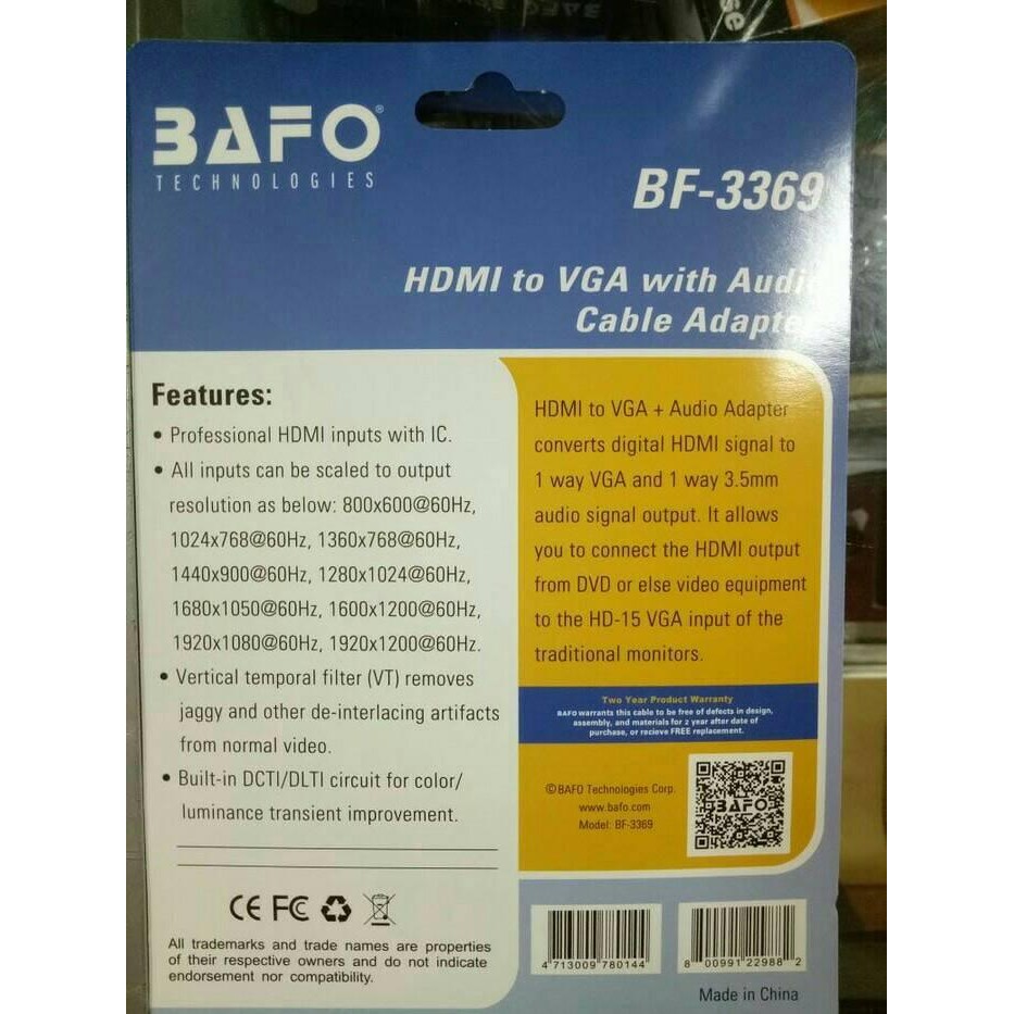 Terbagus Converter Hdmi To Vga + Audio "Bafo" Bf-3369 / Hdmi To Vga Termurah