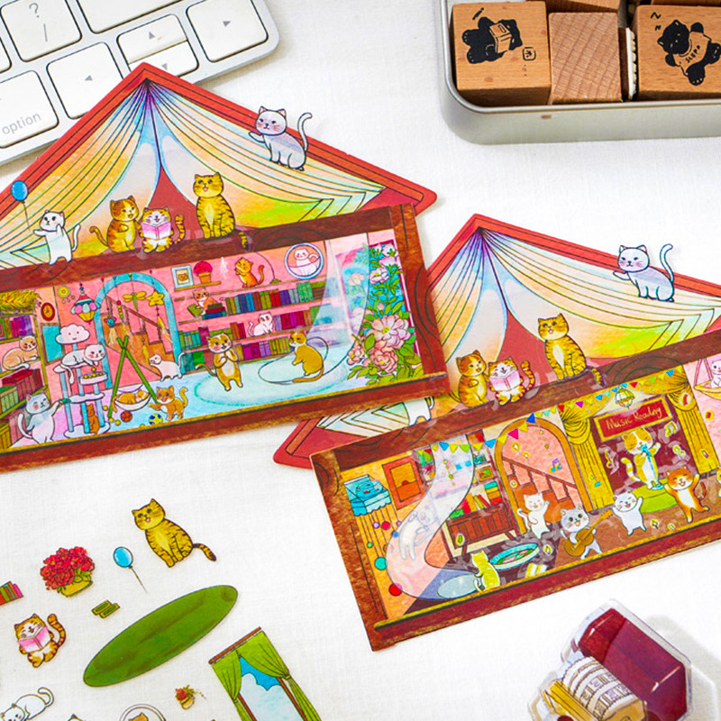 

1Style 16Pcs/bag Cat's Cottage Scene Landscaping Stickers Colorful DIY Handbook Material