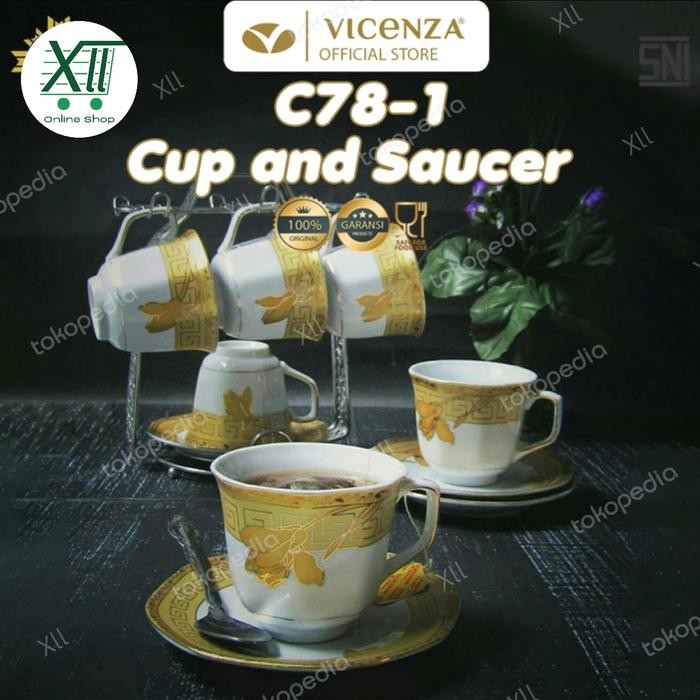 VICENZA C~78~1 Tea Cup Saucers Set 13 Pcs Cangkir & Tatak + Rak