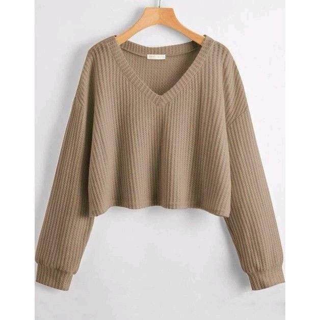 (Allthebest) Sweater Crop Top waffle kerah V new arrifal Baju Nyaman Atasan Wanita setengah dada