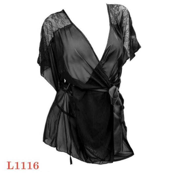 NEW Kimono Sexy L1116 Baju Tidur Dinas Malam Wanita Hitam Transparan Lengan Pendek