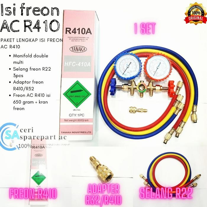 Paket isi freon AC R410 manifold double selang krant freon R410 650gra