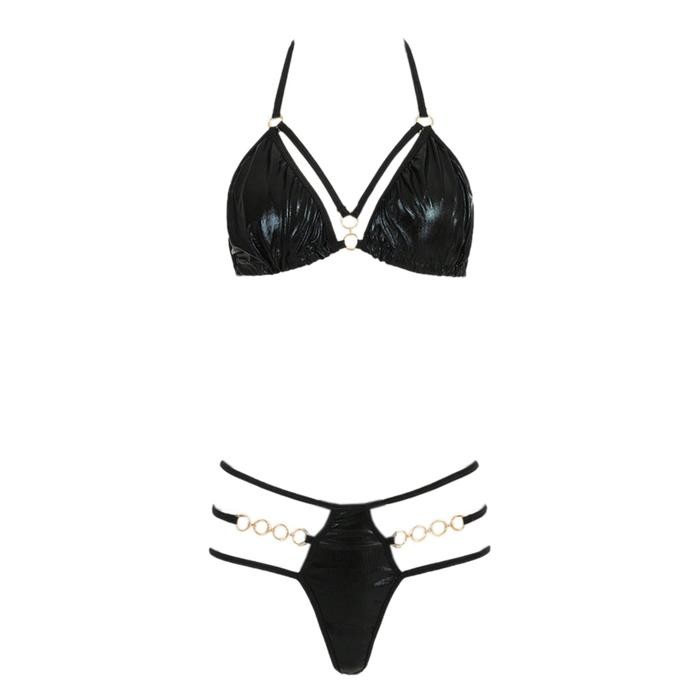 NEW B357 Bra Set Bralette Sexy Lingerie Wanita Seksi BH Halter CD Ring Gold Tali 3 Hitam Polos