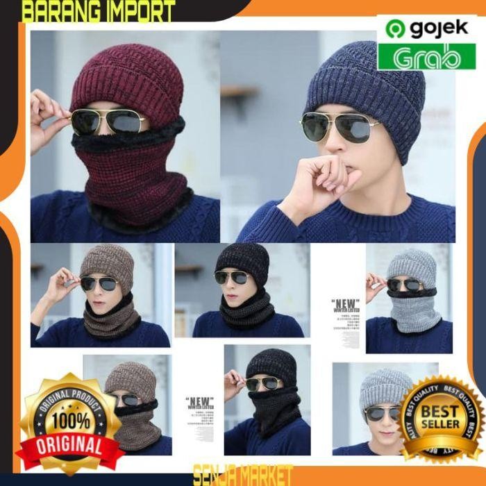 TOPI KUPLUK SYAL RAJUT MUSIM DINGIN WINTER SCARF BEANIE HAT PRIA COWOK