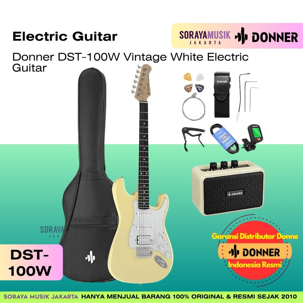 Donner DST-100W Vintage White Electric Guitar – Full Set w/Amplifier, Gig Bag, Capo, Strap, Strings,