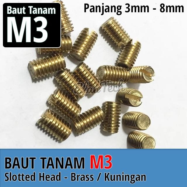 Baut Tanam Slotted Screw M3 Brass Kuningan Headless Slot Minus / Min Gold Elantech