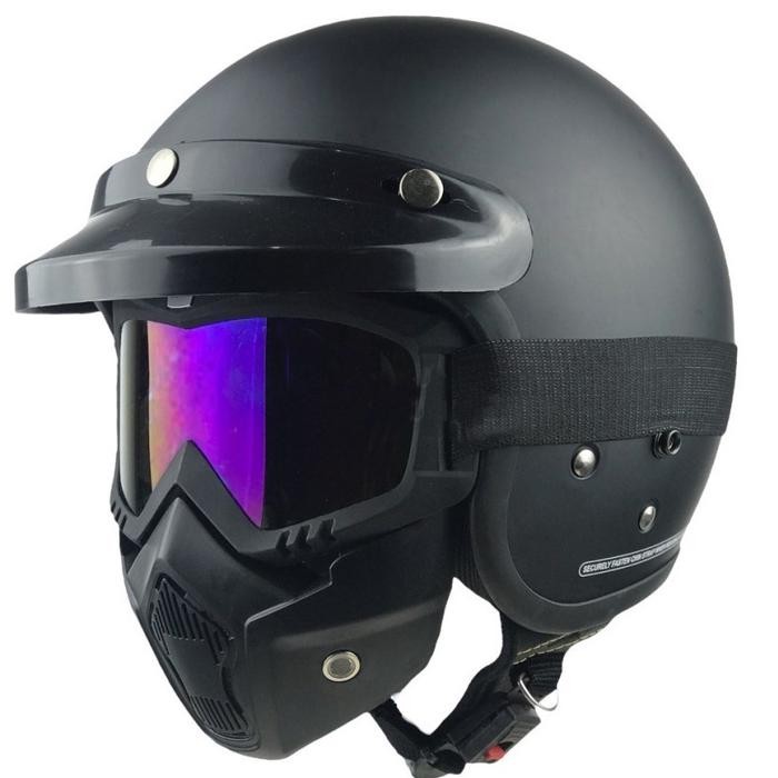 Helm Bogo Retro Premium Full Leher/ Googles Mask Trail / Helm Half Face Untuk Pria Dan Wanita Dewasa