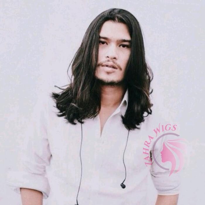 Wig Pria Rambut Panjang Keriting Belah Tengah Warna Hitam Pasti Ori