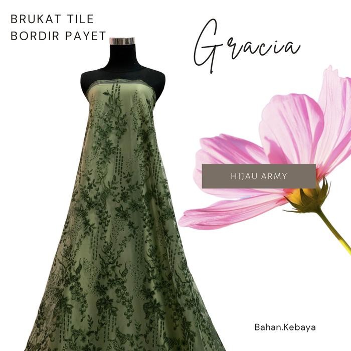 Kain Bahan Kebaya Brukat Tile Bordir Payet Gracia Warna Hijau Army