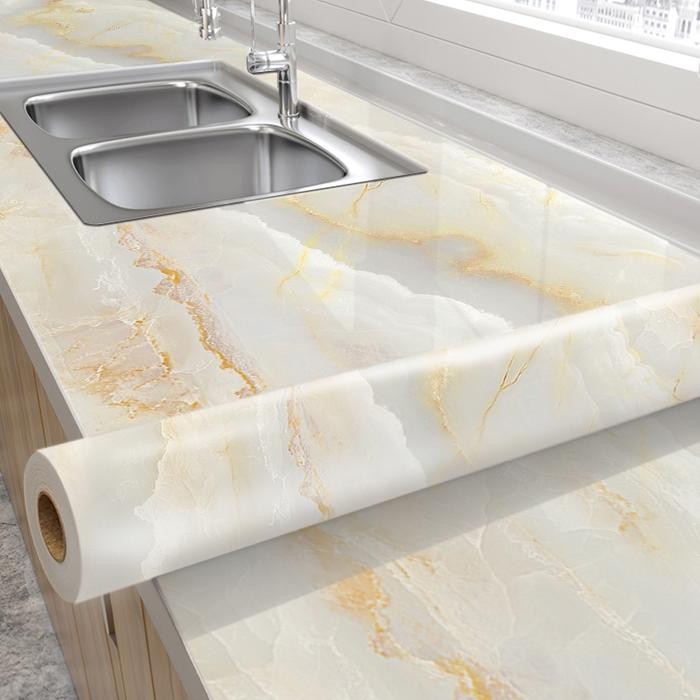 walpaper dinding dapur 6 meter X 60cm anti api, air dan minyak panas motif granit krem Stiker