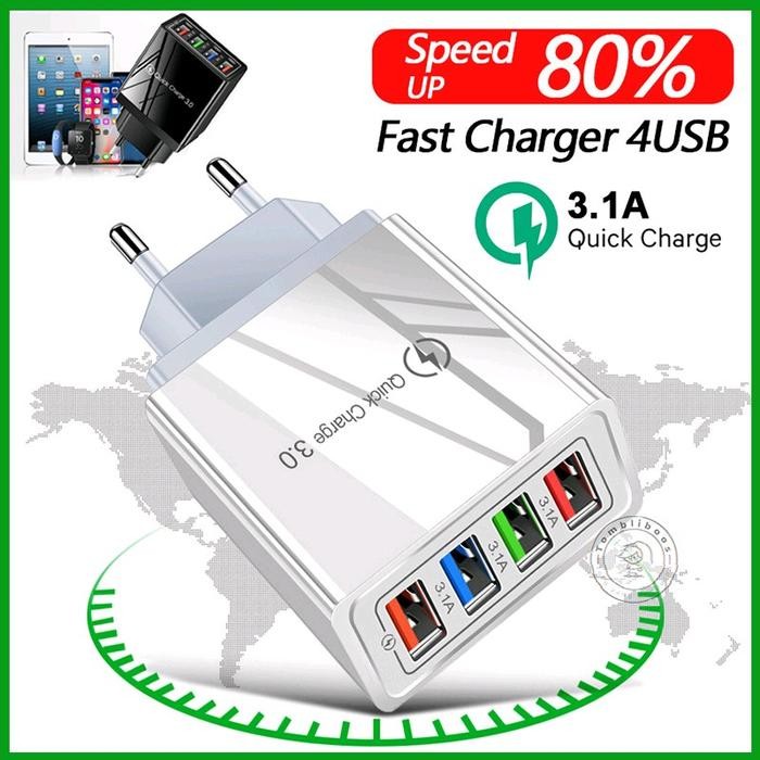 Adaptor Charger 4 Port USB 5V 3.1A Batok Fast Charging - Colokan, Adapter Pengisi - HITAM