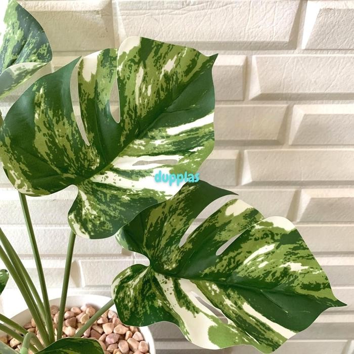 Pohon Daun Monstera Varigata Motif Pot Ulir Artificial Tanaman Plastik