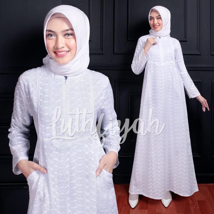 Satu Set Baju Ihram Wanita / Gamis Putih Umroh Katun Jepang / Bergo Sarung Tangan Polos Putih Bunga