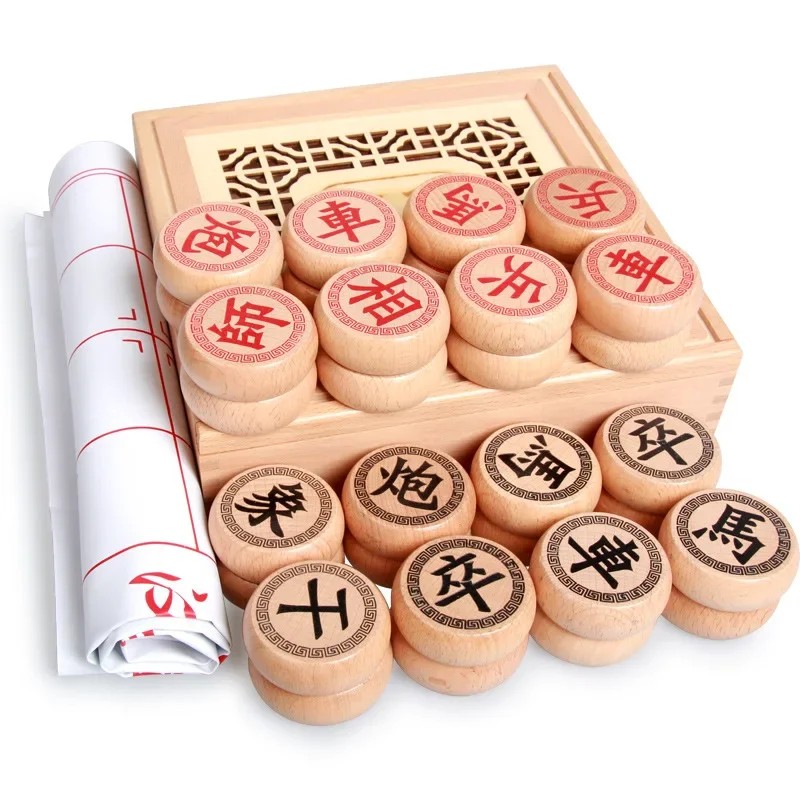 High-end Wooden Chinese Chess Large Pieces - Xiangqi Family Travel Board Game Set With PU Leather