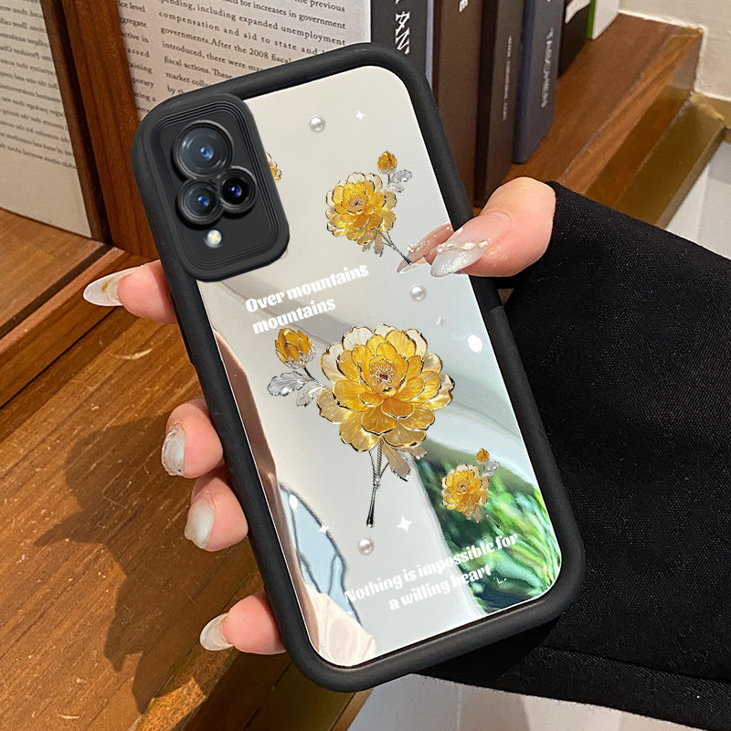 Casing Hp Untuk VIVO V21 5G V21s 5G V21E Y73 2021 Case Bunga peony emas yang mewah Cermin Kasing pel