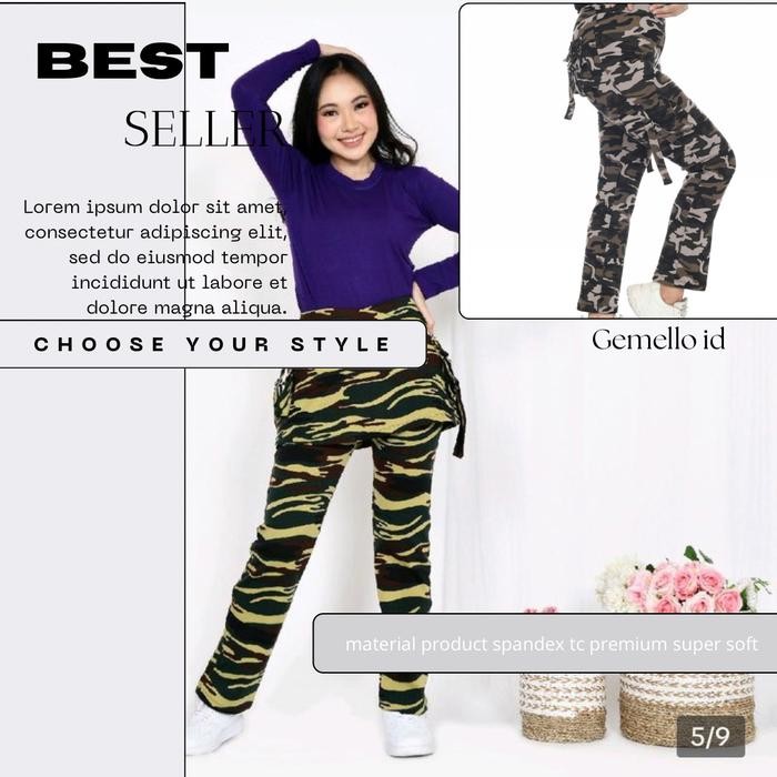 CELANA PANJANG SENAM/CELANA ROK KARGO WANITA MOTIF LORENG ARMY SPANDEX